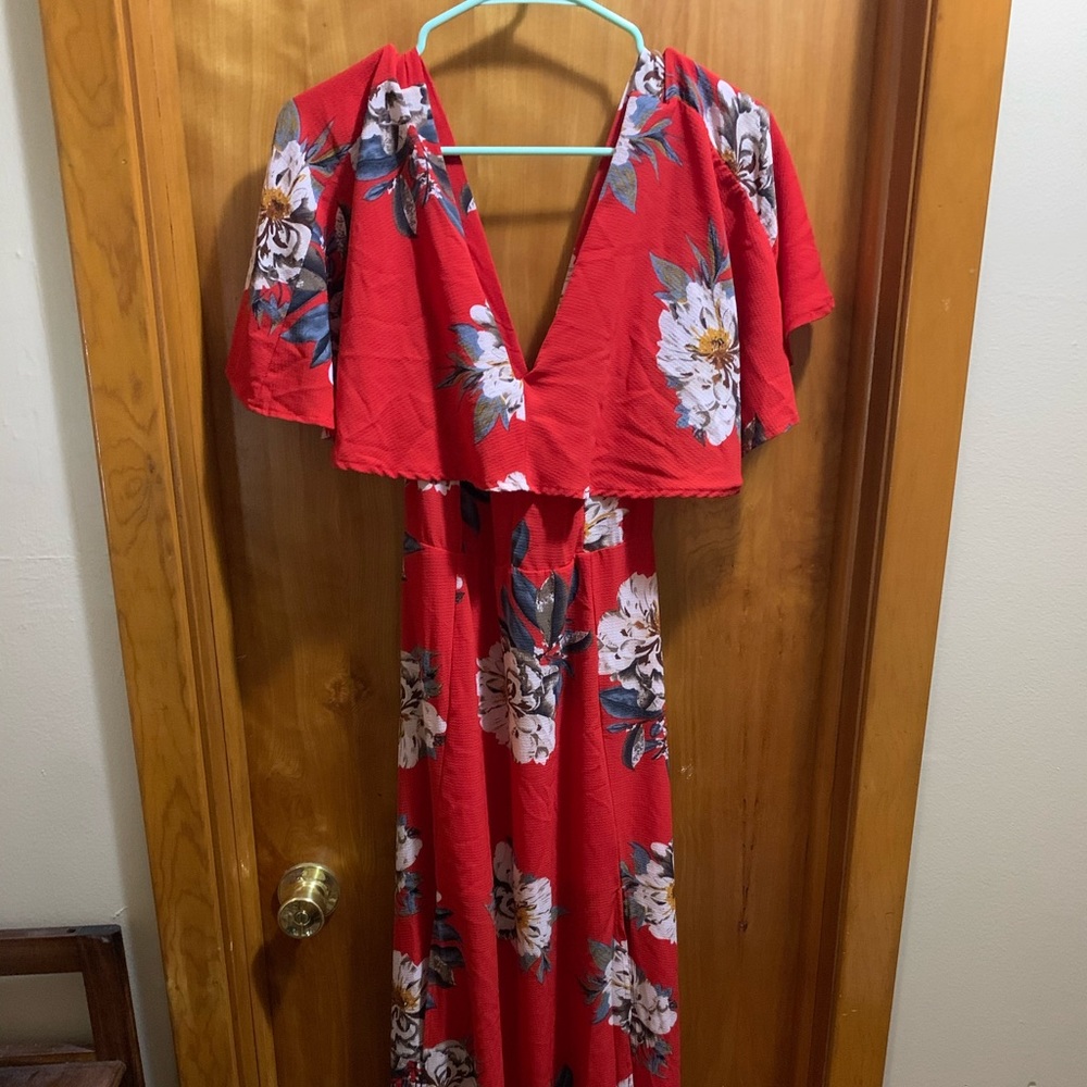 Red floral off the shoulder maxi dress
